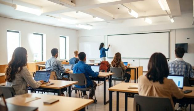 Adults with laptops learning technology in a classroom