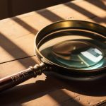 Vintage magnifying glass with the word 'FACTS' engraved on the handle, resting on a wooden table in warm light, symbolizing the search for clues and mystery.