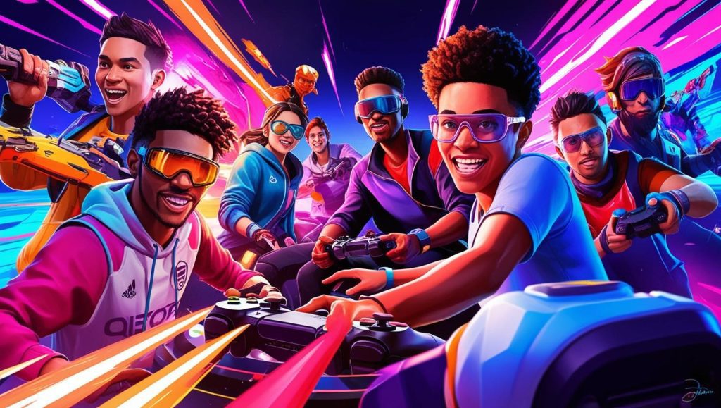 A group of young people, some wearing goggles and holding game controllers, are actively engaged in what appears to be a vibrant, futuristic video game. Their faces are lit with excitement and smiles, suggesting an intense and enjoyable gaming experience. The background is a blur of neon pinks, blues, and purples, with streaks of light implying speed and action, further enhancing the energetic atmosphere.