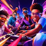 A group of young people, some wearing goggles and holding game controllers, are actively engaged in what appears to be a vibrant, futuristic video game. Their faces are lit with excitement and smiles, suggesting an intense and enjoyable gaming experience. The background is a blur of neon pinks, blues, and purples, with streaks of light implying speed and action, further enhancing the energetic atmosphere.