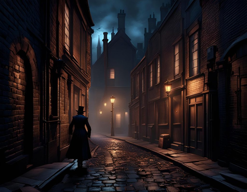 A dimly lit, atmospheric image depicts a cobbled street in a historic city, likely London, at night. A lone figure, dressed in a dark coat and top hat, walks away from the viewer down the narrow lane. The wet cobblestones reflect the soft glow of gas lamps lining the street. Tall, brick buildings with multiple windows rise on either side, their dark facades adding to the sense of mystery. In the background, shrouded in mist, looms a large, ominous building with multiple chimneys, possibly a grand mansion or a cathedral, suggesting a Victorian-era setting. The overall mood is one of suspense and old-world intrigue.