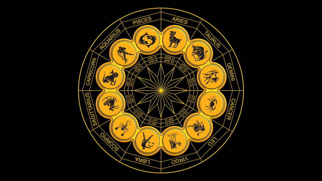 A vibrant, golden illustration of a zodiac wheel is presented on a solid black background. The wheel is circular, with a central twelve-pointed star design. Around this central star, there are twelve distinct, circular golden medallions, each depicting one of the astrological zodiac signs with its corresponding symbol. These medallions are arranged in a ring, and outside of this ring, the names of the zodiac signs (Aries, Taurus, Gemini, Cancer, Leo, Virgo, Libra, Scorpio, Sagittarius, Capricorn, Aquarius, Pisces) are written in an arc, along with their associated date ranges, forming the outer perimeter of the wheel. The entire composition has a metallic, embossed appearance, standing out against the dark backdrop.