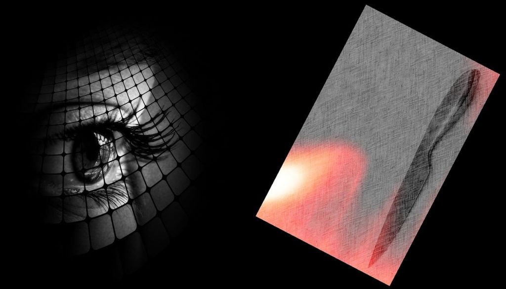 A stark and ominous image with elements often associated with thrillers or the dark themes of serial killers. On the left, a magnified, grayscale close-up of an eye is visible, partially obscured by a dark, mesh-like veil, giving it a mysterious and intense gaze. On the right, a rectangular, textured gray panel is tilted, featuring a soft, reddish-orange glow emanating from its lower-left corner. This glow illuminates a subtle, dark silhouette that appears to be a knife or a sharp object. The overall background is black, intensifying the dramatic and suspenseful atmosphere.