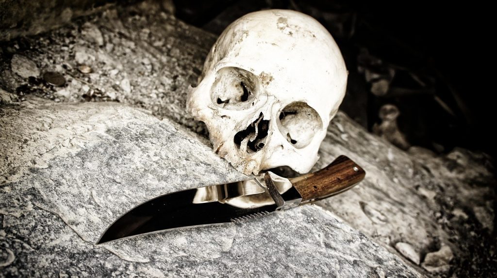 A stark and disturbing image, evocative of a scene one might encounter in the context of serial killers, features a human skull resting on a rough, stony surface. Below and slightly to the front of the skull, a fixed-blade knife with a dark blade and a wooden handle lies prominently. The lighting is harsh, highlighting the textures of the rocks and the skull, and creating deep shadows that intensify the grim and morbid atmosphere.