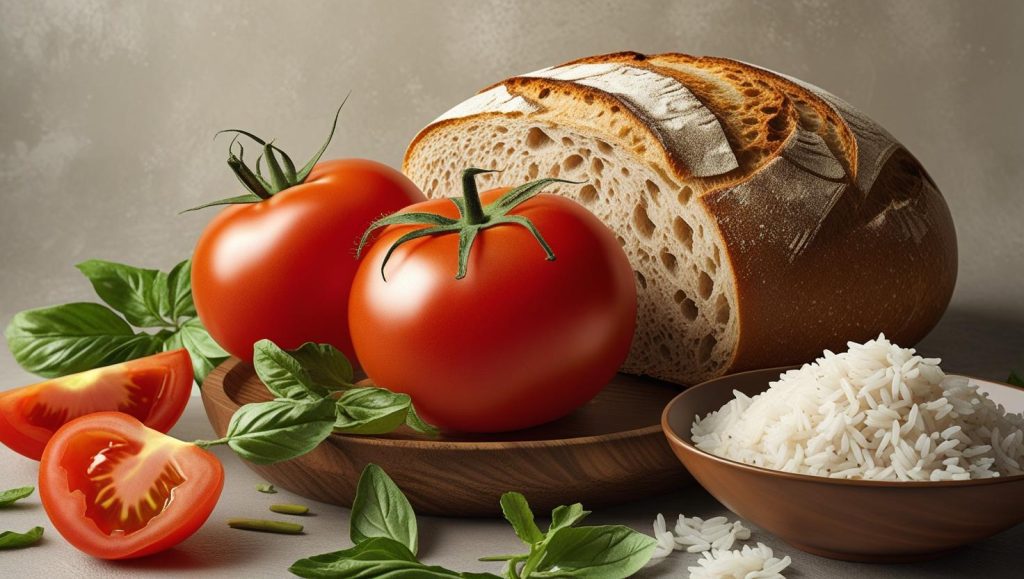 A still life image features two whole tomatoes, a sliced tomato, fresh basil leaves, a loaf of artisan bread, and a bowl of white rice, all arranged on a light-colored surface with a neutral background.