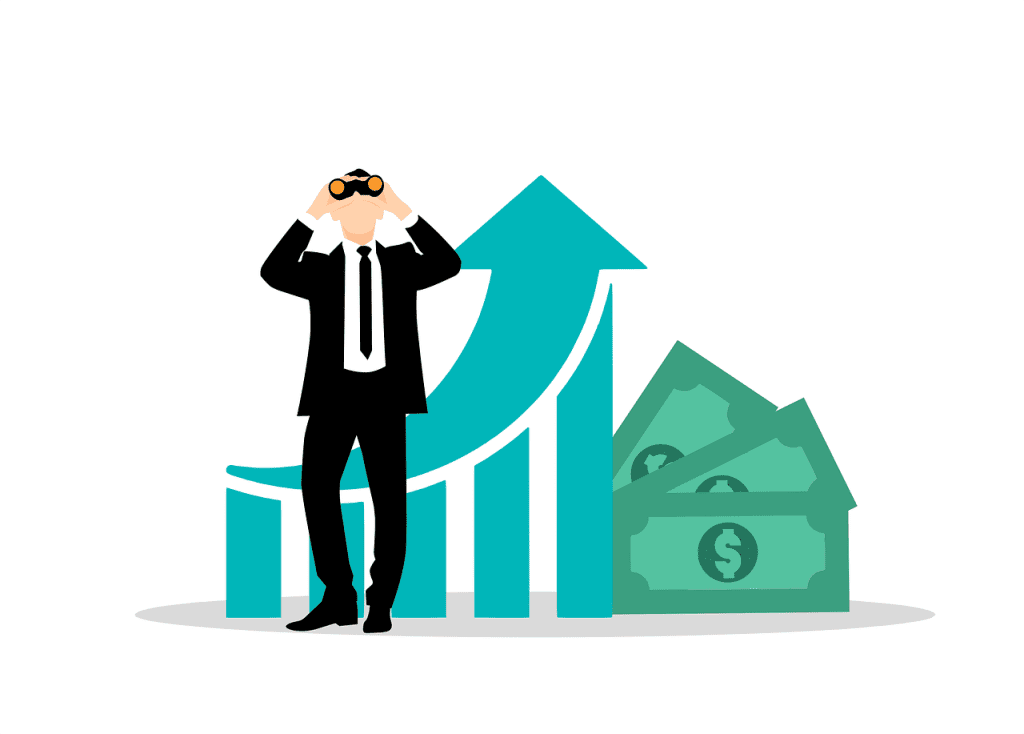 The image shows a businessman looking through binoculars in front of a bar chart with an upward trend and stacks of money, which symbolizes financial growth or looking towards future investments. Enter Financial Fair Play (FFP), one of the most significant rule changes in Premier League history