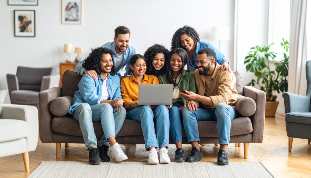 a lot of people looking at a laptop at home showing videos