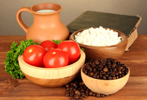tomatoes, coffee beans, rice and a history book