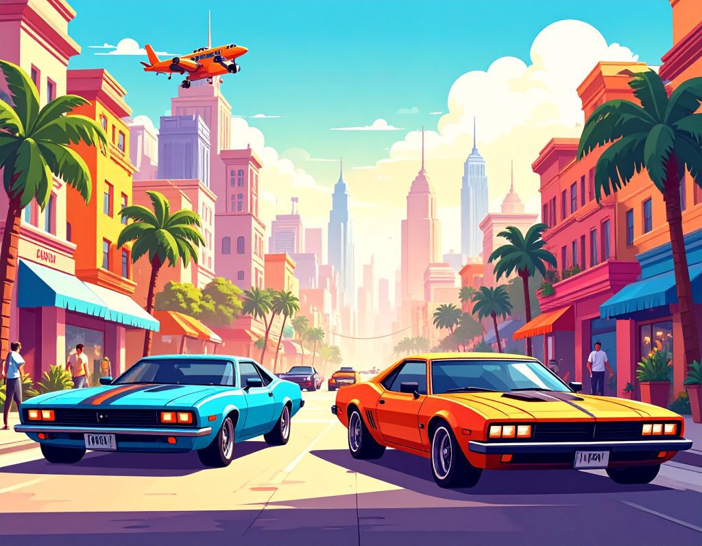 A colorful, cartoon-like cityscape with vibrant buildings, palm trees, and classic cars on the street, with an orange airplane flying overhead against a blue sky.