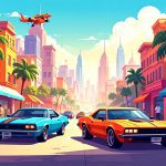 A colorful, cartoon-like cityscape with vibrant buildings, palm trees, and classic cars on the street, with an orange airplane flying overhead against a blue sky.