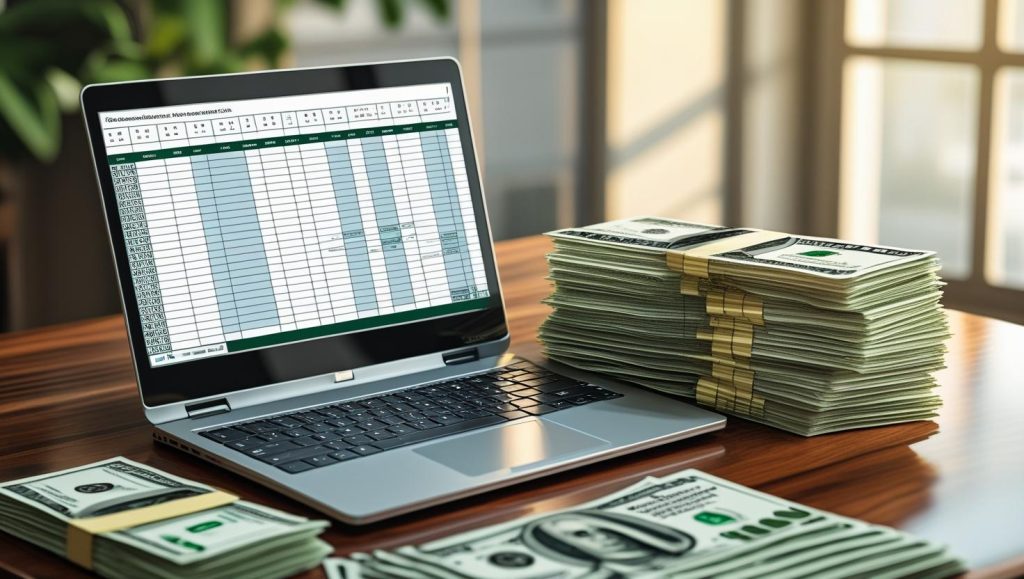 A close-up shot shows a laptop displaying a spreadsheet with rows of data, next to a large stack of hundred-dollar bills. Two smaller stacks of cash are visible in the foreground. The setting appears to be a desk with a window in the background, suggesting an office or home office environment.