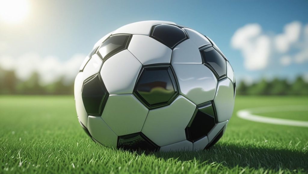 A black and white soccer ball sits on a vibrant green grass field under a bright sky with some clouds. The sun is shining from the upper left, casting a slight glare.