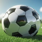 A black and white soccer ball sits on a vibrant green grass field under a bright sky with some clouds. The sun is shining from the upper left, casting a slight glare.