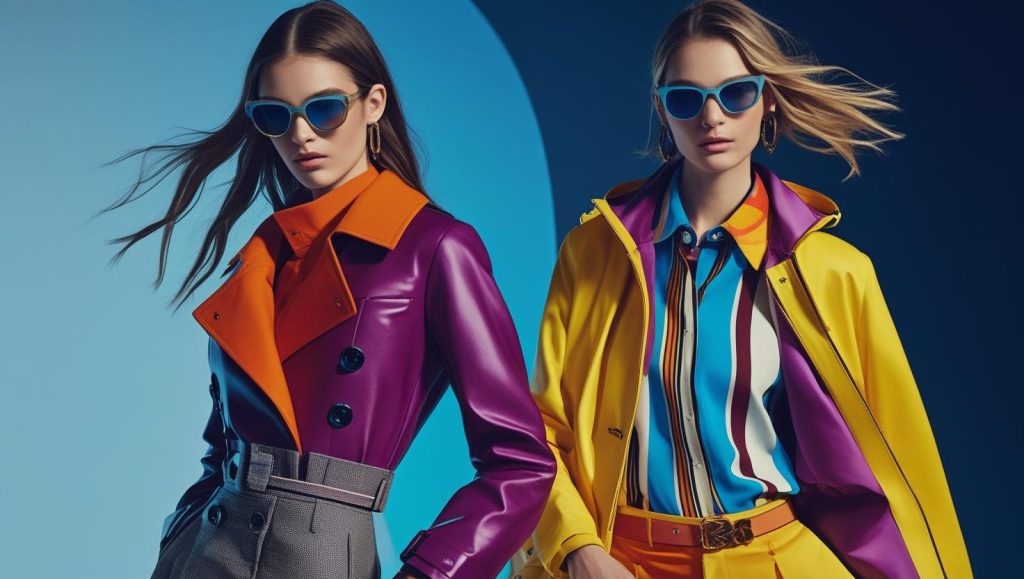 Two fashion models stand against a vibrant blue and dark blue background, showcasing bold and colorful outfits. The model on the left wears a purple trench coat with an orange collar and lapels, gray wide-leg trousers with a textured belt, and blue-framed sunglasses. The model on the right sports a bright yellow rain jacket over a multi-colored striped shirt with hues of blue, orange, purple, and white, paired with orange pants and an orange belt, also wearing blue-framed sunglasses. Both models have their hair styled to appear as if blowing in the wind, highlighting the dynamic nature of the clothing and accessories from various fashion brands.