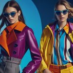 Two fashion models stand against a vibrant blue and dark blue background, showcasing bold and colorful outfits. The model on the left wears a purple trench coat with an orange collar and lapels, gray wide-leg trousers with a textured belt, and blue-framed sunglasses. The model on the right sports a bright yellow rain jacket over a multi-colored striped shirt with hues of blue, orange, purple, and white, paired with orange pants and an orange belt, also wearing blue-framed sunglasses. Both models have their hair styled to appear as if blowing in the wind, highlighting the dynamic nature of the clothing and accessories from various fashion brands.