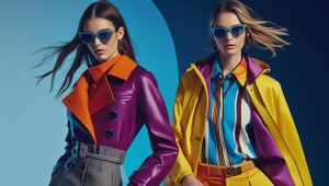 Two fashion models stand against a vibrant blue and dark blue background, showcasing bold and colorful outfits. The model on the left wears a purple trench coat with an orange collar and lapels, gray wide-leg trousers with a textured belt, and blue-framed sunglasses. The model on the right sports a bright yellow rain jacket over a multi-colored striped shirt with hues of blue, orange, purple, and white, paired with orange pants and an orange belt, also wearing blue-framed sunglasses. Both models have their hair styled to appear as if blowing in the wind, highlighting the dynamic nature of the clothing and accessories from various fashion brands.