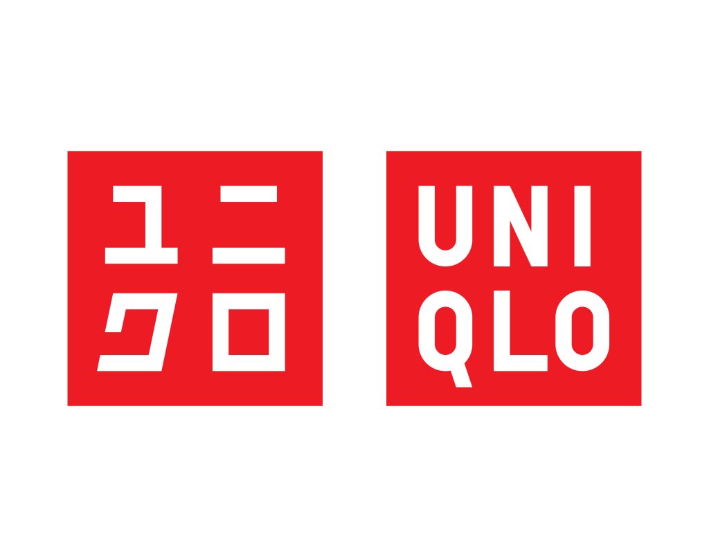 Two square logos for the clothing brand Uniqlo on a white background. The left logo features Japanese characters in white on a red square. The right logo features the word "UNIQLO" in white, capitalized letters on a red square. Both logos represent the popular fashion brands.