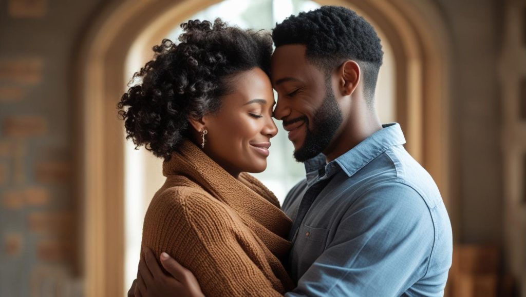 A happy couple embracing indoors, eyes closed and smiling, showing affection, warmth, and emotional connection in a loving and healthy relationship
