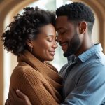 A happy couple embracing indoors, eyes closed and smiling, showing affection, warmth, and emotional connection in a loving and healthy relationship