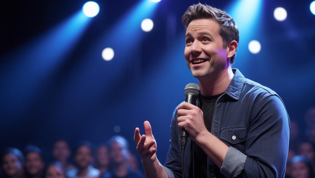 A male comedian on stage, dressed in a dark blue denim shirt over a black t-shirt, holds a microphone and smiles brightly while looking upwards and to his right, with one hand gesturing as if telling a story. Blue stage lights illuminate him, and a blurred audience is visible in the background, suggesting a live comedy performance.