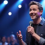 A male comedian on stage, dressed in a dark blue denim shirt over a black t-shirt, holds a microphone and smiles brightly while looking upwards and to his right, with one hand gesturing as if telling a story. Blue stage lights illuminate him, and a blurred audience is visible in the background, suggesting a live comedy performance.