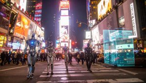 new york with robots walking in time square, and hologram screens