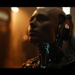 Sci-fi female cyborg looking up, artificial intelligence concept, futuristic robot head