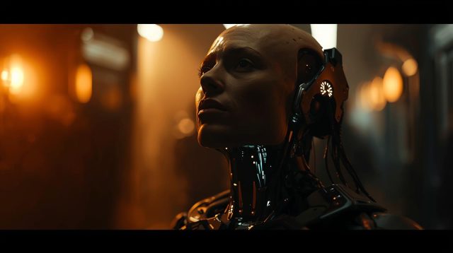 Sci-fi female cyborg looking up, artificial intelligence concept, futuristic robot head