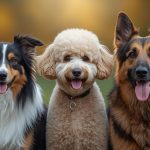 Three happy and attentive dogs sitting side by side, representing some of the most intelligent dog breeds