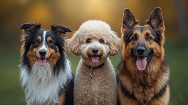Three happy and attentive dogs sitting side by side, representing some of the most intelligent dog breeds