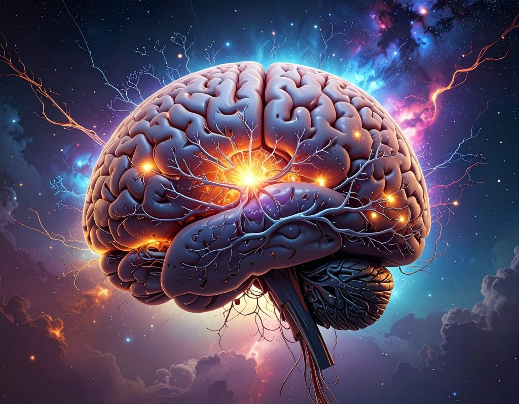 A detailed illustration of the human brain with bright, energetic neurons firing from a central point, surrounded by electrical arcs against a backdrop of space clouds and stars