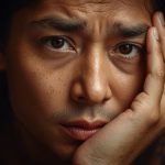 Close-up portrait of a man with a worried and anxious expression, resting his head in his hand to show stress and deep contemplation.