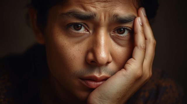 Close-up portrait of a man with a worried and anxious expression, resting his head in his hand to show stress and deep contemplation.