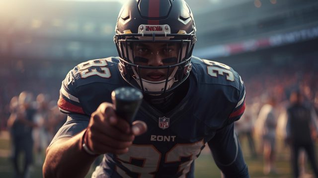 Intense close-up of an American football player in a dark uniform and helmet, pointing directly at the camera on the field during a big game in a packed stadium.