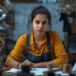 A young, focused female inventor in a yellow shirt and denim overalls sketches a new creation at her desk in a cluttered workshop filled with tools and mechanical gears.