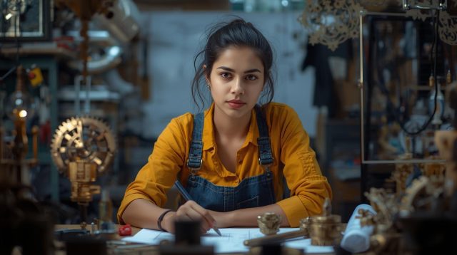 A young, focused female inventor in a yellow shirt and denim overalls sketches a new creation at her desk in a cluttered workshop filled with tools and mechanical gears.