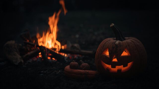 A carved Halloween jack-o'-lantern with a glowing face sits on the ground at night next to a crackling bonfire, symbolizing the holiday's ancient roots in the Celtic festival of Samhain where fires were lit for protection from spirits.