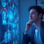 Man thinking about career choices in front of a glowing AI data visualization | AI-powered career guidance and future jobs