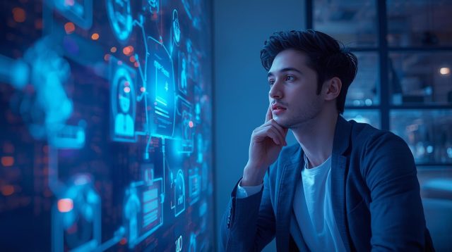 Man thinking about career choices in front of a glowing AI data visualization | AI-powered career guidance and future jobs