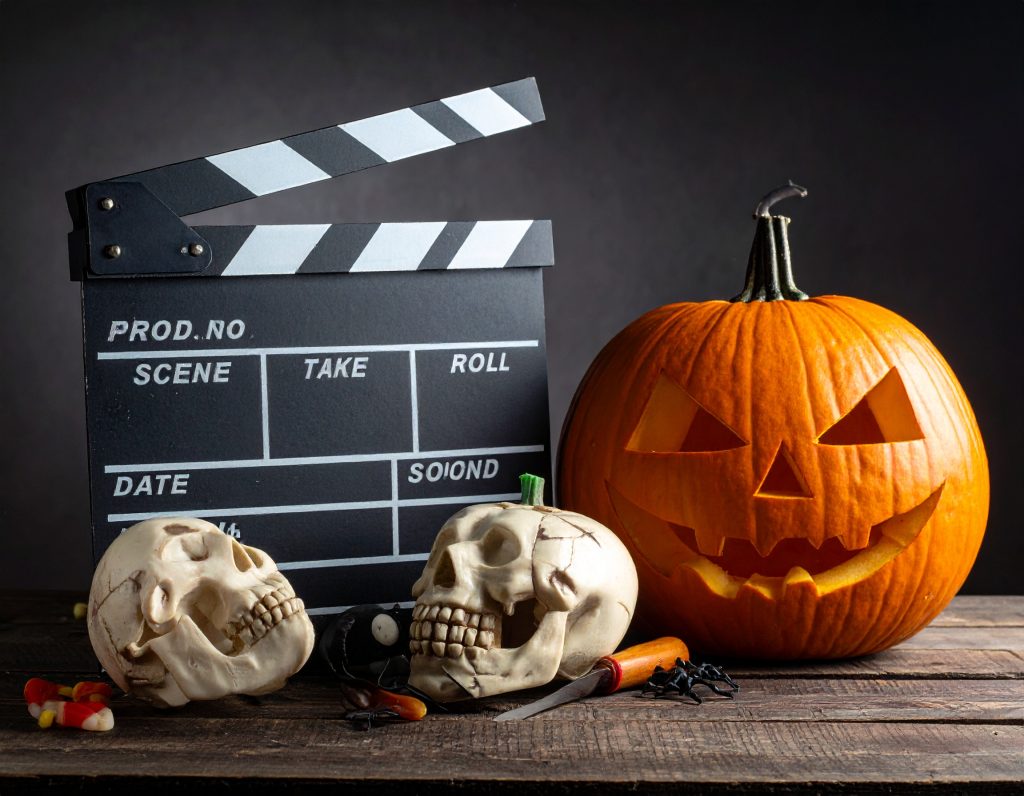 A film clapperboard rests next to a spooky carved jack-o'-lantern, two skulls, and candy corn, representing the theme of iconic Halloween horror movies.