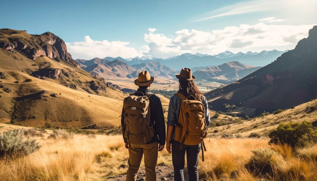 two backpackers in the middle of nowhere looking at incredible landscapes