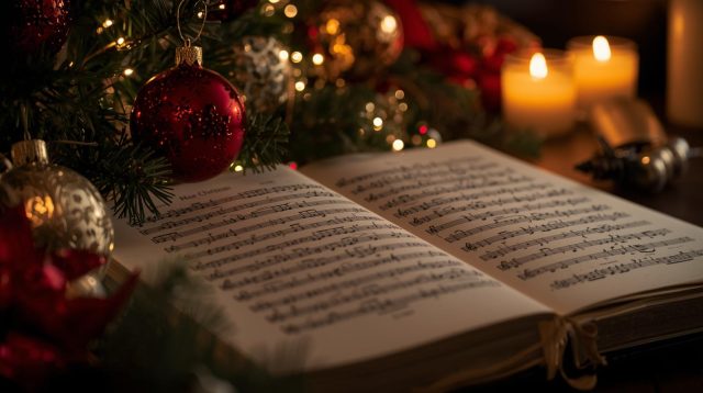 Christmas carols sheet music open on a table with festive ornaments, glowing lights, and warm candles. Ideal for holiday music, traditional Christmas songs, and festive ambiance.