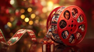 A red film reel showcasing stills from classic Christmas movies, sitting on a reflective table next to a small gift and a festive ribbon, with a blurred Christmas tree and bokeh holiday lights in the background.