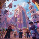 A crowd of diverse Roblox avatars gathers in a vibrant, colorful, and highly detailed fantasy city, representing the community and high-quality worlds of the Roblox metaverse.