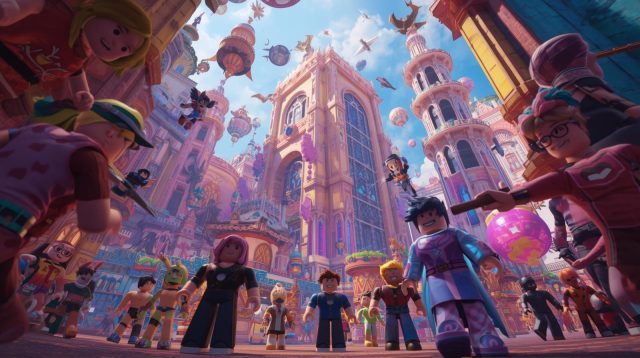 A crowd of diverse Roblox avatars gathers in a vibrant, colorful, and highly detailed fantasy city, representing the community and high-quality worlds of the Roblox metaverse.