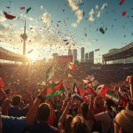 Excited fans waving flags and celebrating under confetti in a Toronto stadium with the CN Tower visible for the expanded 2026 World Cup.