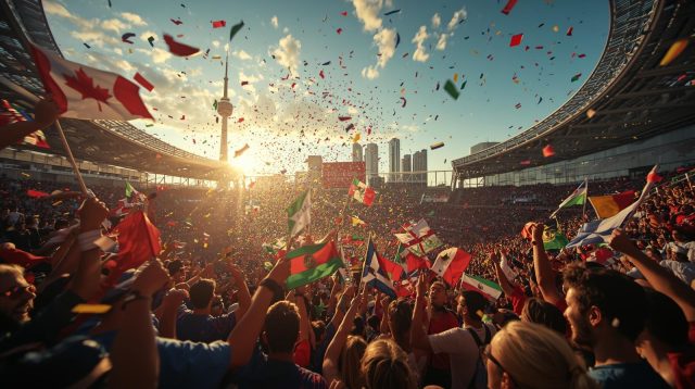 Excited fans waving flags and celebrating under confetti in a Toronto stadium with the CN Tower visible for the expanded 2026 World Cup.