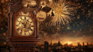 An ornate grandfather clock is surrounded by circular historical images of a man, steamship, and harbor, with fireworks celebrating over a city at sunset, representing history.