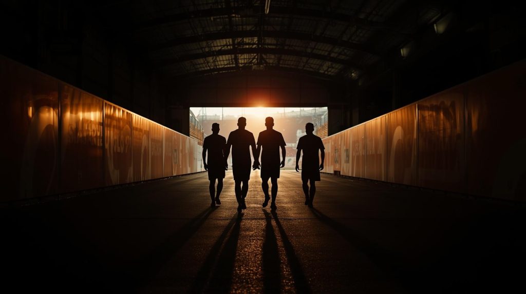 Cinematic banner showing silhouettes of soccer players walking down a stadium tunnel, symbolizing legends retiring after the 2026 World Cup.