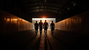 Cinematic banner showing silhouettes of soccer players walking down a stadium tunnel, symbolizing legends retiring after the 2026 World Cup.